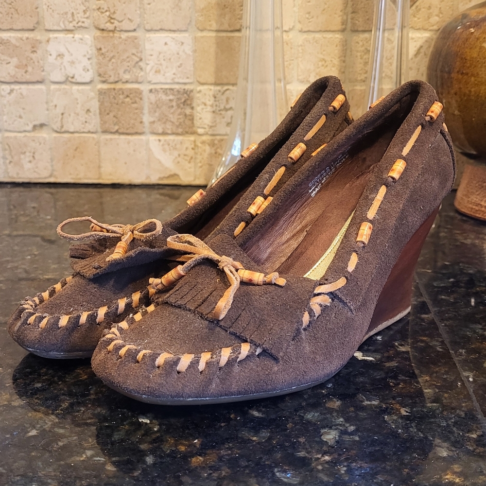Woman's Miz Mooz by Gazitt Brown Moccasin Wedges Size 38